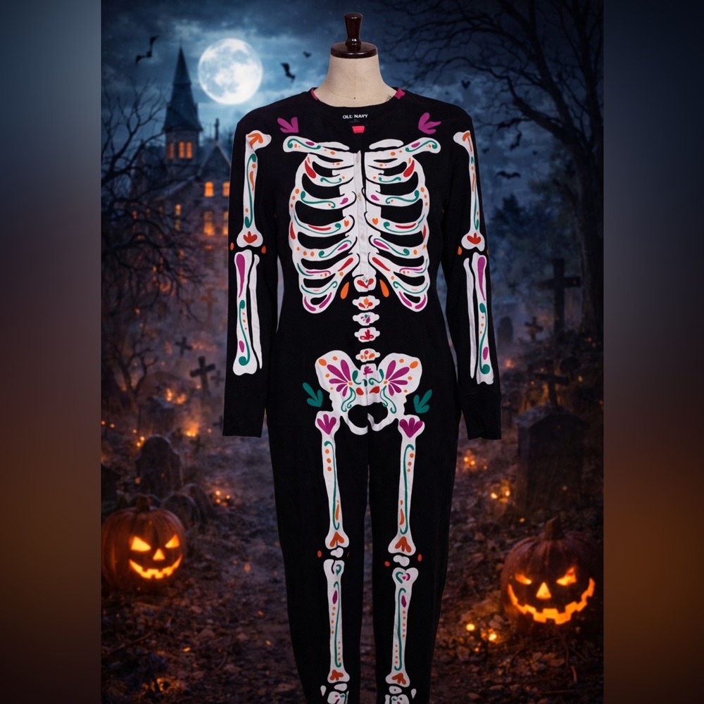 NWT size M Old Navy Black Pajamas with Colorful Skeleton Design